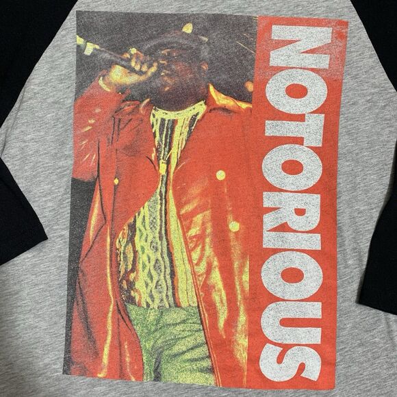 21 Men Notorious BIG Raglan Shirt Mens L Gray Black 3/4 Sleeve 1995 Live Graphic - Picture 2 of 7
